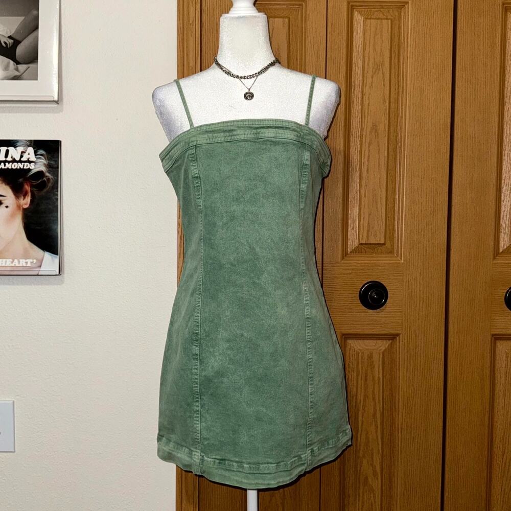 Francesca's TGLA Denim Mini Dress Women Large Sage Green Lace Up Back Sleeveless